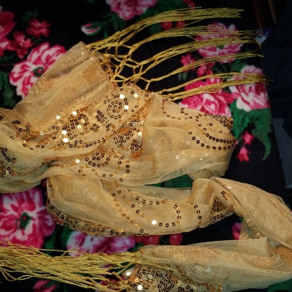 Gold Sequined & Embroidered Shawl with Fringe